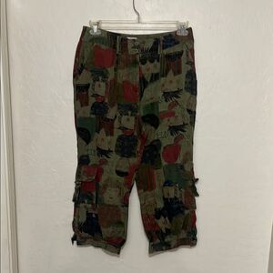 Chico’s Multicolor Face Allover Graphic Cropped Linen Bohemian Pants Art To Wear